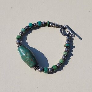 Vintage Genuine Turquoise Silver Bead Toggle Bracelet In Green Southwestern Boho